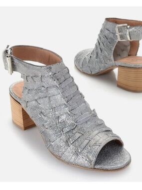 Ron White Damica Ribbon Leather Weave Peep Toe Slingback Sandal 2” Pewter 36